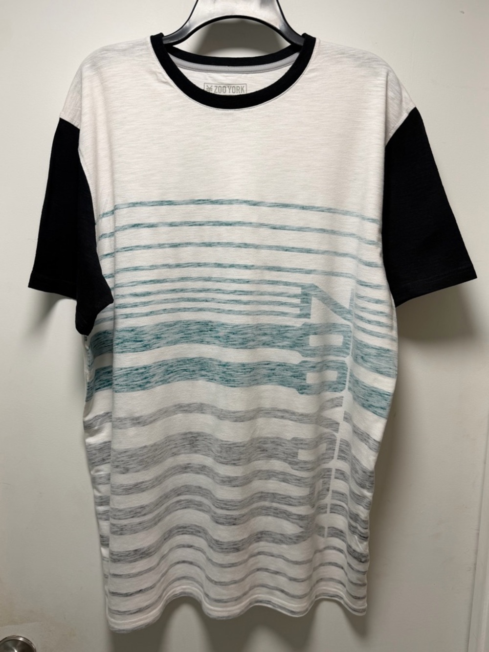Zoo York White Tee with Teal Stripes and Black Sleeves
